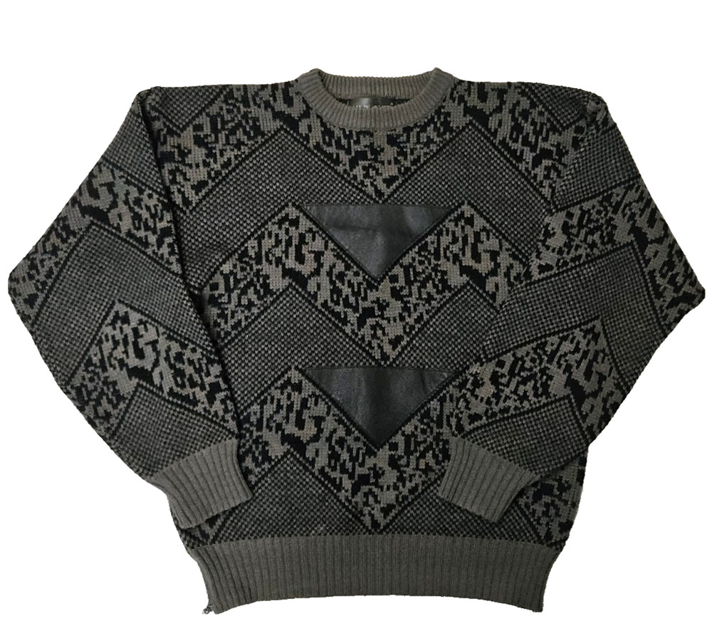 Vintage Knit Sweater Men's Medium Acrylic Genuine Leather Tribal Granndpa